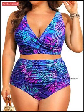 Plus Size High Waisted Bikini Tummy Control Bathing Suit Twist Front Swimwear